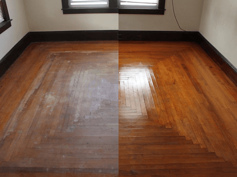 Before and after sandless floor refinishing